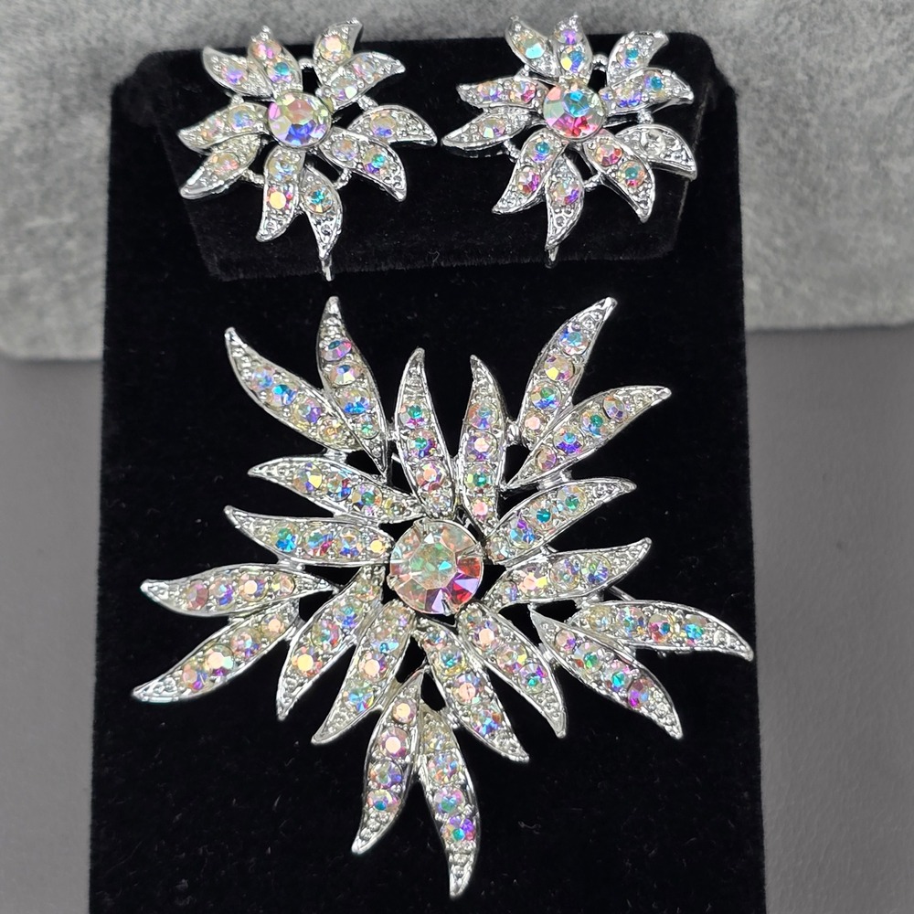 VTG Sarah Coventry AB Rhinestone Starburst Silver-Tone Brooch & Clip-On Earrings